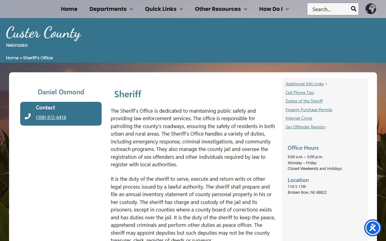 Custer County inmate population sheriff office jail responsibility
