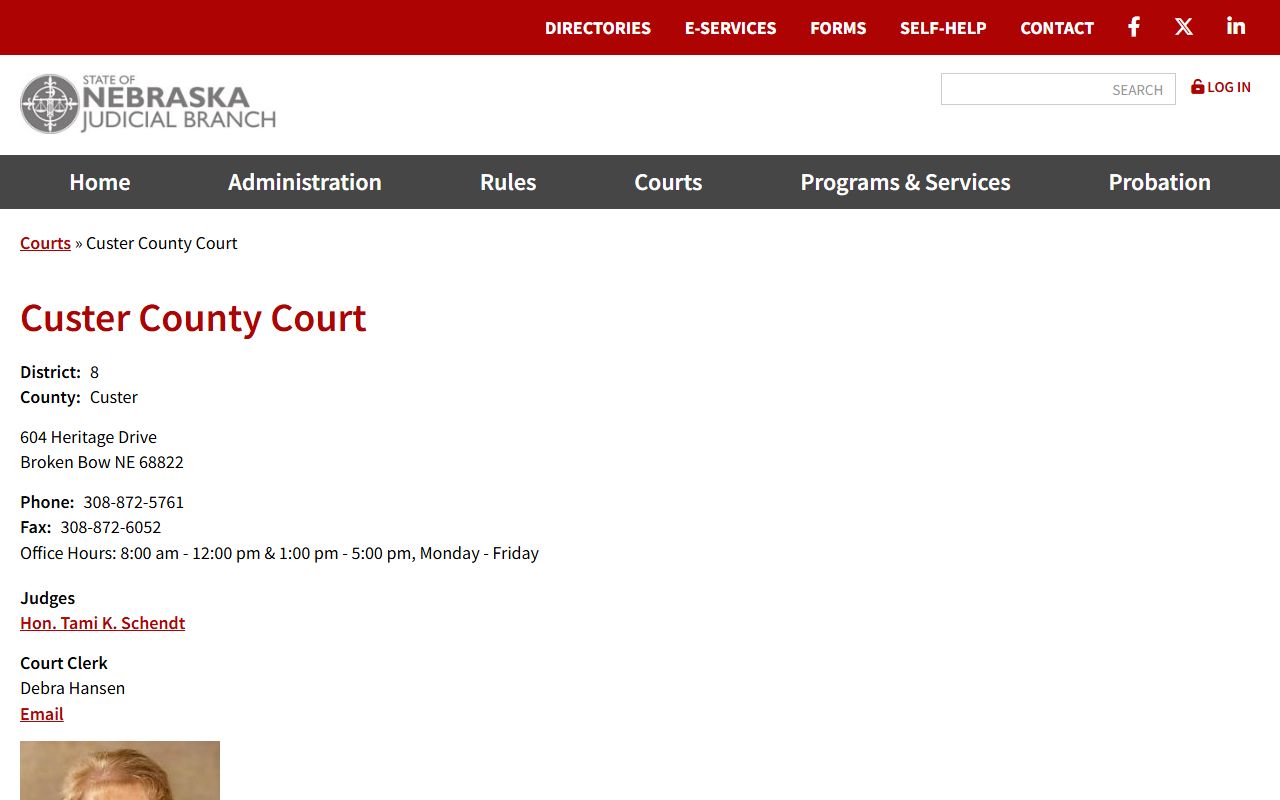 Custer County Court contact page for court records after arrest
